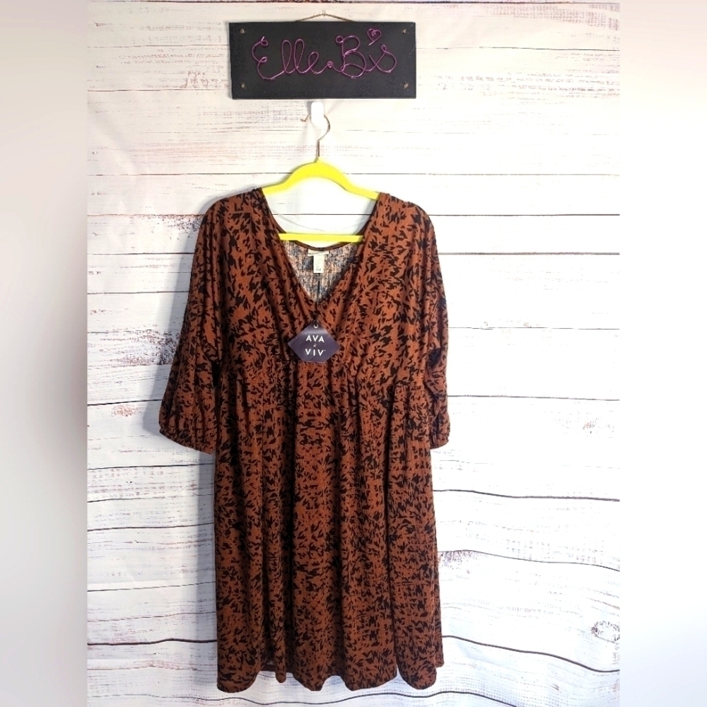 NWT Ava & Viv Brown Pattern Textured Dress w/ Pockets , 3X
